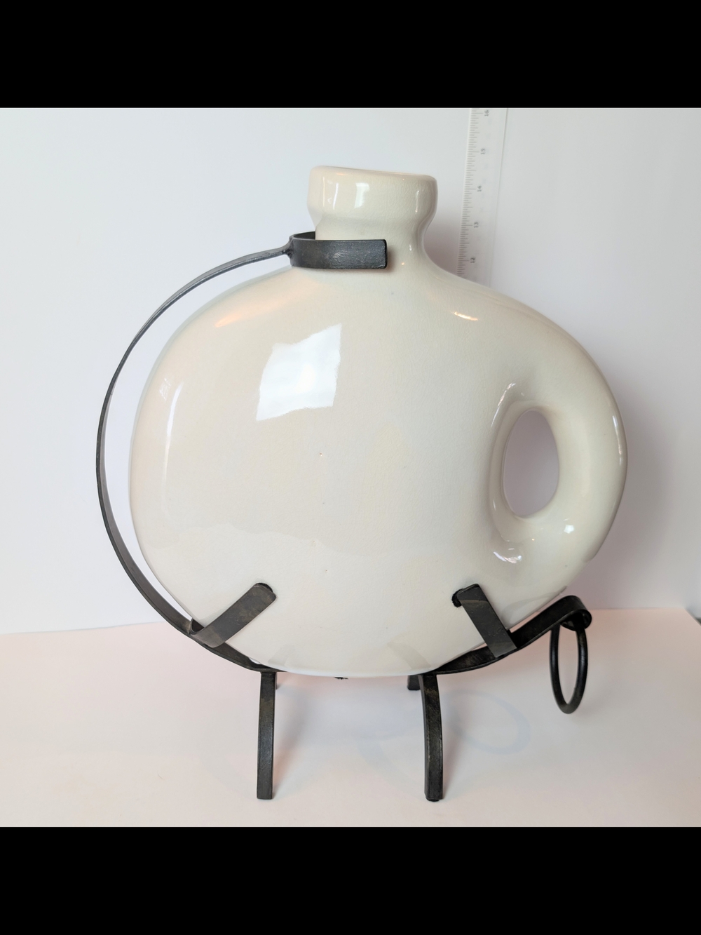 Vintage Minimalist Round Ceramic Flask Vase in Cream‎ Mid-century Modern Iron